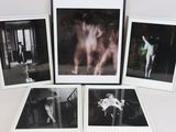 four black and white photographs of a nude woman in a living room
