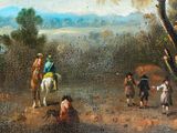 a painting of a man riding a horse in a wooded area
