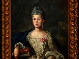 portrait of a lady in a white dress with a red rose in her left hand