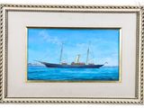 une peinture à l'huile représentant un navire en mer sur fond blanc