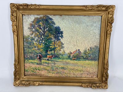 une peinture à l'huile représentant des vaches paissant dans un champ, avec une maison en arrière-plan