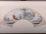tableau représentant un éventail et des personnes dans un bateau sur un plan d'eau