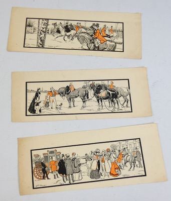 three old postcards of people riding horses and carriages on a street