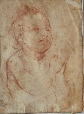 an old drawing of a baby with a hand on it ' s chest