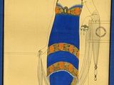 painting of a woman in a blue and orange dress with a chandelier in the background