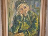 une peinture à l'huile représentant une femme assise à une table, les mains posées sur les genoux
