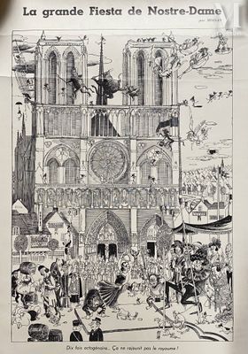 un dessin en noir et blanc représentant une cathédrale surmontée d'une horloge