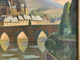 a painting of a castle on a bridge over a river