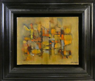 une peinture à l'huile représentant un groupe de personnes, dans un cadre noir