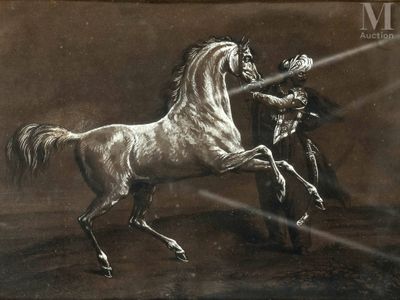 tableau représentant un homme à cheval, mené par un homme armé d'une épée
