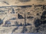 drawing of a landscape with a village in the distance