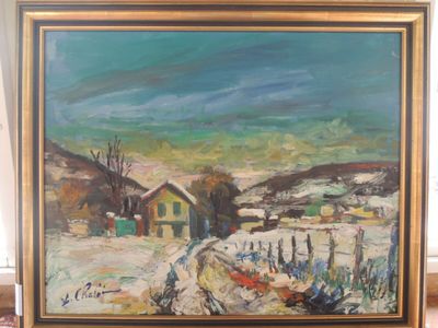 une peinture à l'huile représentant un paysage enneigé avec une maison à l'arrière-plan