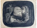 dessin représentant un chapeau et un poisson sur une assiette en noir et blanc