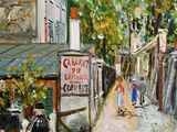 painting of a street scene with people walking down the sidewalk