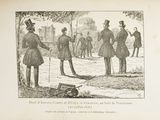 a drawing of a group of men standing in a park