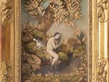 tableau représentant une femme nue dans un paysage avec des oiseaux et des fleurs