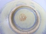 a close up of a blue and white plate with a bird on it