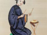 painting of a woman sitting on a stool with a drum in front of her