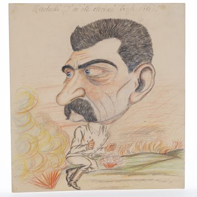 un vieux dessin représentant un homme avec une moustache et une barbe, assis devant un feu