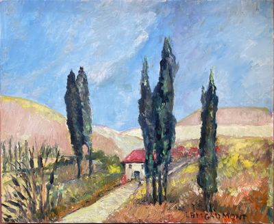 an oil painting of a country road with trees and a house