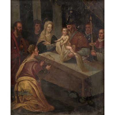 un tableau représentant un groupe de personnes autour d'une table avec un bébé