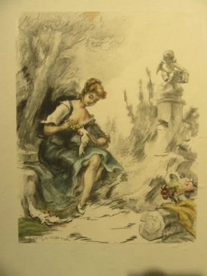 a drawing of a man and a woman sitting on a bench