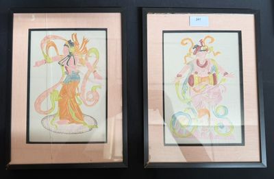 two framed paintings of a woman and a man on a black background