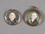 two miniature portraits of two men are shown in a gold - plated frame