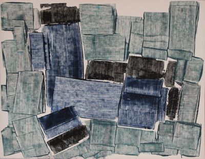 une photo représentant un dessin de carrés bleus sur une feuille de papier