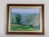 framed oil painting of a landscape with trees and hills in a brown frame