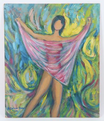 un tableau représentant une femme en robe rose, les bras tendus