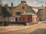 une peinture représentant un immeuble situé à un coin de rue