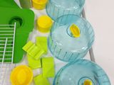 many plastic containers and cups on the counter