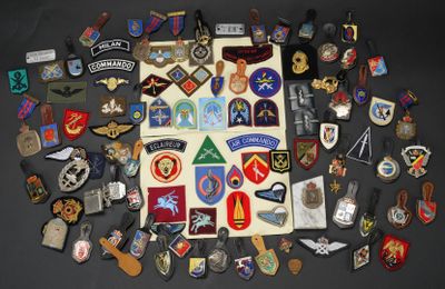 de nombreux types différents d'insignes militaires posés sur une table