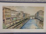 a picture of a painting of a river running through a city
