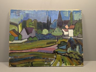 peinture représentant une peinture d'un paysage avec des maisons et des arbres
