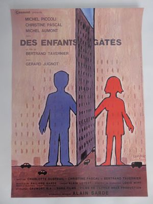 a poster with a picture of two people standing in front of a building
