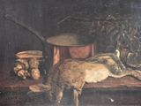 a painting of a cat laying on a table next to a pot and pan