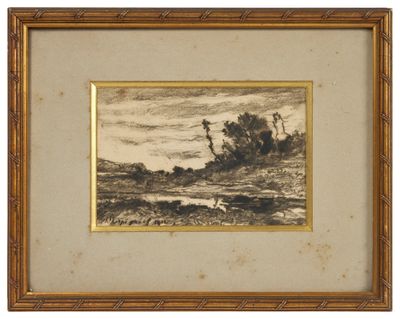 une image représentant un dessin de paysage dans un cadre doré