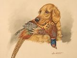 un tableau représentant un chien tenant un faisan dans la gueule