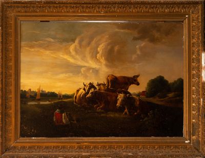 painting of a group of horses pulling a wagon with a cow in the background