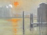 une peinture à l'huile représentant un coucher de soleil sur l'eau, avec un bateau au premier plan