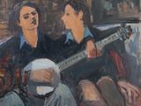 tableau représentant un homme et une femme jouant de la guitare devant un mur de briques