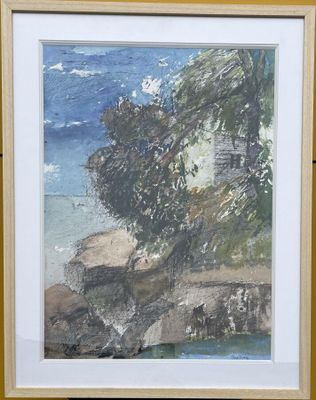 tableau représentant un arbre sur une falaise rocheuse au bord de l'océan