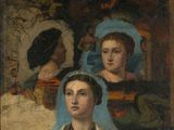 tableau représentant deux femmes devant un tableau représentant un homme et une femme