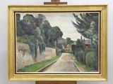 une peinture à l'huile représentant une route avec des arbres et des buissons en arrière-plan