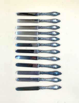 six couteaux sont alignés sur une table