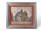 an oil painting of a building with a clock on it