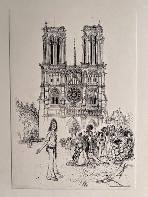 un dessin représentant un groupe de personnes devant une cathédrale