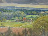 an image of a painting of a landscape with a house and trees